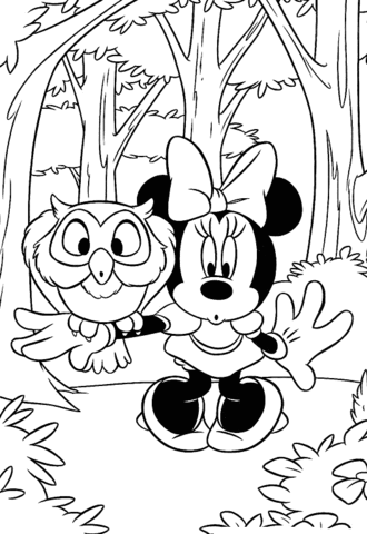 Minnie Mouse And Owl In The Forest Coloring Page